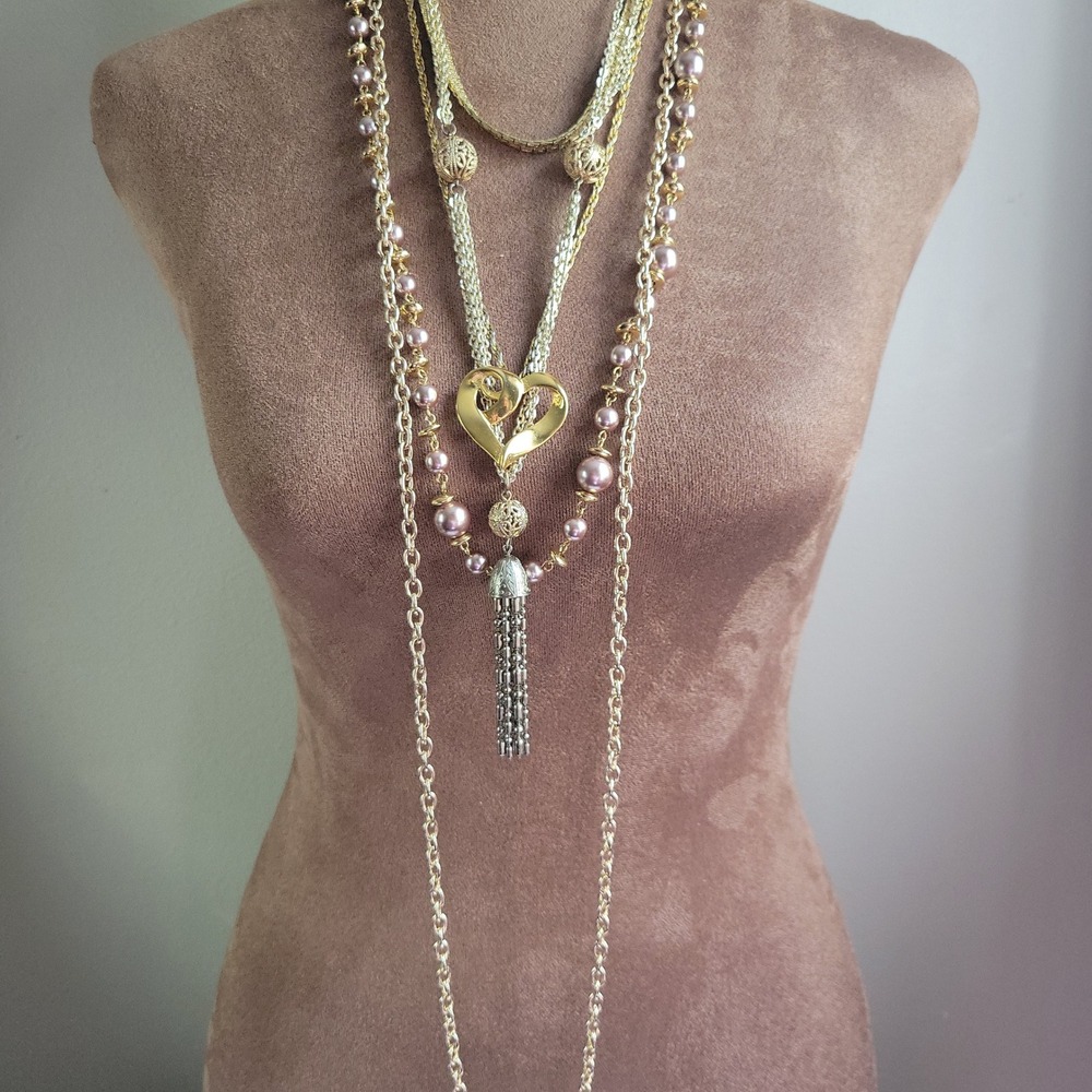 Gold Layered Necklace Lot Heart Faux‎ Pearl Tassel Chains 5pc Set Vin
